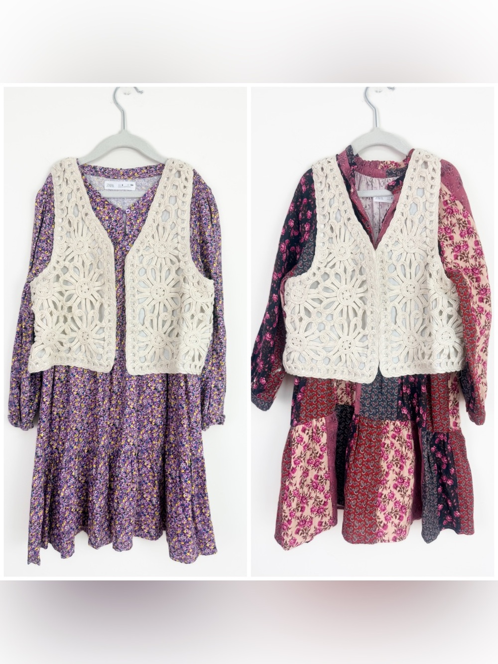 Bundle of 2 Zara long sleeve Floral Dress with Cream Crochet Vest